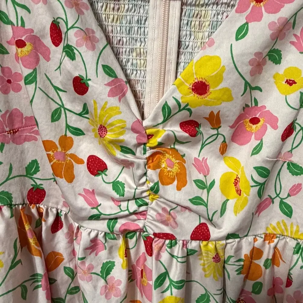 Kate Spade Dress Floral Midi Pink Yellow Puff Sleeve Cottagecore Coquette Size 4
